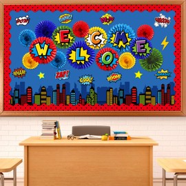 3D Super Theme Hero Classroom Bulletin Board Set Hero Cityscape Sayings Cutouts Paper Fans Welcome Back Classroom Board Decorations for Back to School Kindergarten Library Home Wall Decor Supplies