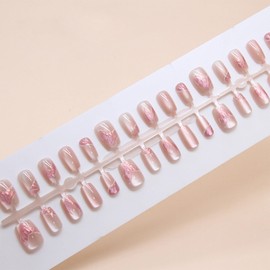 Mermaids Cat Eye Press on Nails with Stereoscopic Design, 3D Cat Eye Manicure Art Acrylic Short Trapezoid Fake Nails Stick on Nails Glossy Pink Cat Eye False Nails Gel Glue on Nails for Women 30Pcs