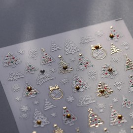 Christmas Nail Art Stickers 5D Embossed Gold Crystal Ball Nail Decals Self-Adhesive Wreath Xmas Tree Snowflakes Nail Stickers for Women Girls Winter Xmas Holiday Manicure DIY Nail Supplies