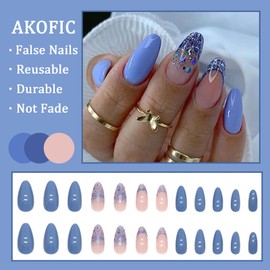 AKOFIC Pack of 24 Press on Nails Short Almond, French Ballerina Acrylic Artificial Nails, Glue-On Nails with Jelly Nail Glue, Fake Nails for Women Girls (Oval Sequins Blue)