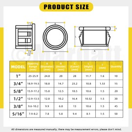 Mardatt 170Pcs 6 Sizes Round Cable Snap Bushing Grommets, 5/16” 3/8” 1/2” 5/8” 3/4” 1” Nylon Snap Cable Grommet Protector Black Snap Bushing Hole Plugs Snap in Cable Hose Bushing Grommet for Cables