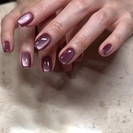 24pcs Short Square False Nails - Purple Cat Eye False Nails, Glitter Glue on Nails with Long-lasting Color, Press on Nails for Women Impress