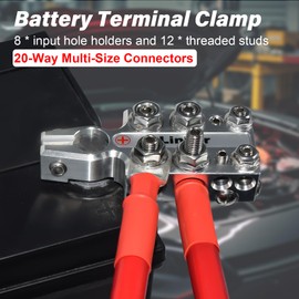 V-gate vLinker 20-Way Lead Acid Battery Post Terminal Ends Distribution Block Bus Bar, Battery Terminal Positive and Negative (+/-)(Pair), 8AWG up to 4/0(XL) Wire Gauge for Tapered Top Post SAE/DIN/EN