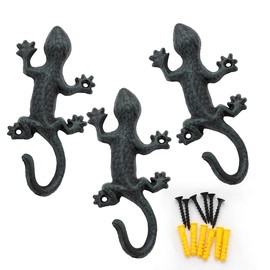 ChasBete Gecko Wall Hooks for Hanging, Rustic Iron Coat Hooks Wall Mounted Towel Hooks,Heavy Duty Key Holder for Decor - 3Pcs