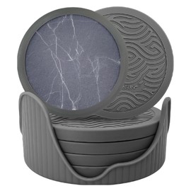 Silicone Coasters 6 Pack with Deep Tray Holder - 2 Sided Drinking Coasters - Cup Mat for Drinks - Live for Hot or Cold Drink Thickened, Non-Slip, Non-Stick, Silicone and Felt Insert