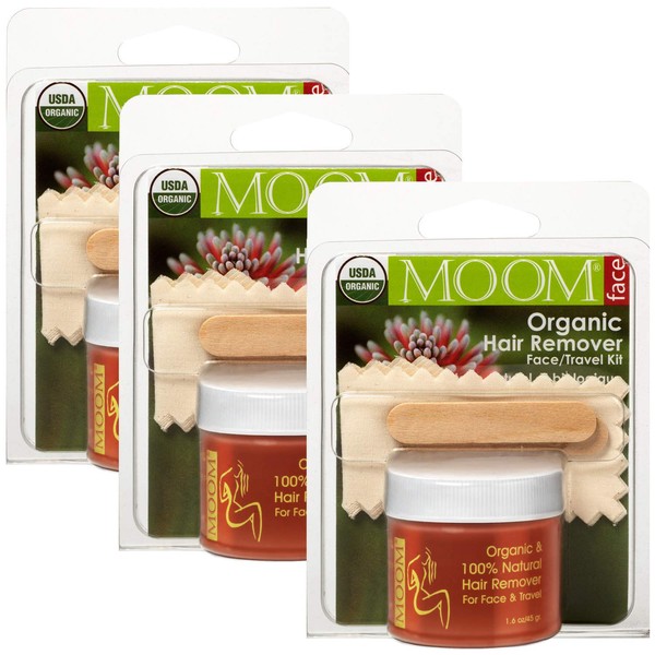 MOOM Organic Travel Wax Kit - Natural Sugar Waxing Glaze with Aloe, Tea Tree Oil & Chamomile for Face with 6 Facial Fabric Strips & 2 Small Wooden Applicator Sticks 1.6 oz. 3 Pack