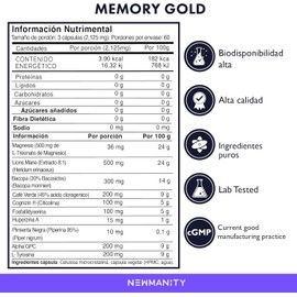 NEWMANITY Memory Gold Nootrópico para Memoria, Enfoque y Claridad Mental - 2 meses - con Cognizin, Bacopa Monnieri, Lion's Mane, Treonato de Magnesio, Phosphatidylserine y Huperzina A