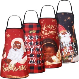 Toulite 4 Pcs Christmas Kitchen Apron for Women Men Santa Nutcracker Jesus African American Red Green Christmas Decorations for Cooking BBQ Party Supplies(Black and Red,Black Santa Claus and Angel)