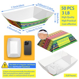 MotBach 50 Pack Mexican 3LB Paper Food Boat Trays Disposable Paper Boat Plate Container, Large Kraft Food Serving Tray Boats Basket Bowl for Snack Popcorn Dessert Sandwich Hot Dog BBQ Taco Fries Nacho