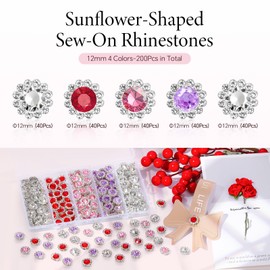 200 Pcs 12MM Sew on Rhinestones Mixed Colors Crystal Glass Metal Base Flower Shape, Flatback Rhinestones for Crafting, Sewing Accessories for Clothes and Shoes (Red)