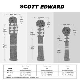 Scott Edward Knitted Golf Club Head Covers for Woods 3Pcs Set Golf Driver (460CC) Fairways and Hybrid/UT with Rotating Number Tags(Grey White Argyles)