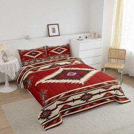 Southwestern Geometric Bedding Set Full Size Retro Exotic Boho Comforter Set for Kids Boys Girls Decor Indian Tribal Geometry Comforter Red Beige Duvet Set Bedroom Quilt Set