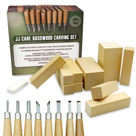 JJ CARE Wood Carving Kit with 8 Piece Wood Carving Tools & 10 Wood Blocks for Kids and Adults, Premium Wood Carving Set SK7 Carbon Steel Tools, Basswood Carving Kit