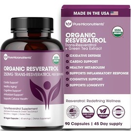Organic Resveratrol Supplement with Green Tea, 90 Vegan Capsules | Highly purified & bioavailable trans-resveratrol supports heart health, immunity & 