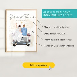 SpecialMe® Poster Wedding Bride and Groom with Car Figures Names Date Adjustable Wedding Gift White