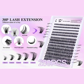 Individual Lash Extensions, Lightweight Realistic 280 Clusters Eyelashes Kit 8 To 16mm Easy To Apply D for Travel