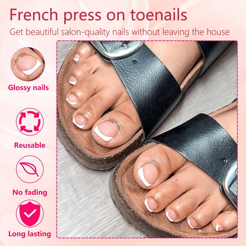 Bellelfin Pink Brown Press on Toenails White French Tips Toe