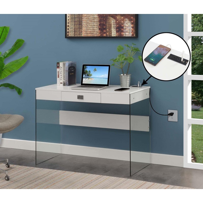 Convenience Concepts SoHo Glass Desk with Charging Station, 42", White
