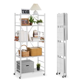 VEVOR 5-Tier Foldable Storage Shelf, 28 W x 15D x 64H Inch Folding Metal Rack Shelving Unit, Heavy Duty No Assembly Organizer Shelf with 5 Wheels & 4 Hooks for Pantry, Kitchen, Garage, Basement, White