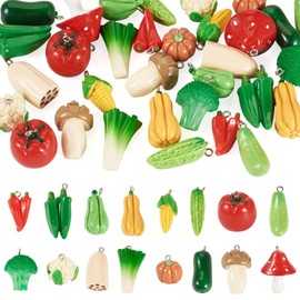 Cheriswelry 32Pcs 3D Resin Vegetable Food Pendants Pumpkin Corn Tomato Mushroom Broccoli Scallion Okra Dangle Charms with Iron Loops 16-36mm for DIY Keychain Necklace Bracelet Earring Jewelry Making