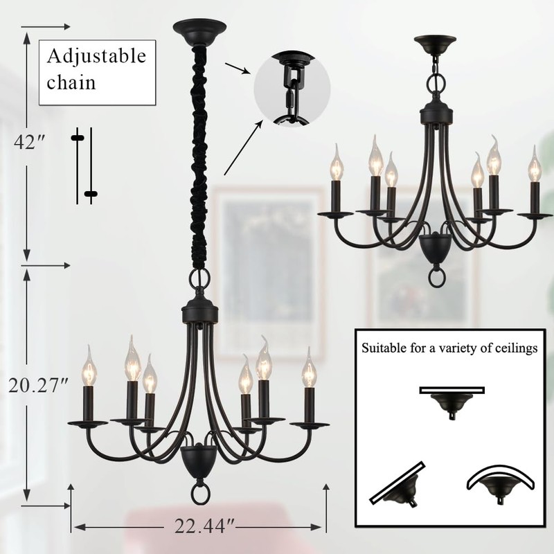 6-Light Black Farmhouse Chandelier,Industrial Modern Light Rustic Candle Style Hanging