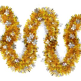 JSRHEEM Pack of 3 Christmas Garland, 2 m Christmas Tinsel Garland with Snowflake, Metallic Garland Glitter Hanging Decoration for Christmas Tree Wreath Wedding Party Gold