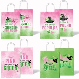 16pcs Pink and Green Party Decorations - Double Side Party Favor Candy Gift Bags with Handle, Witch Theme Pink and Green Goodie Bags for Woman Lady Birthday Decor