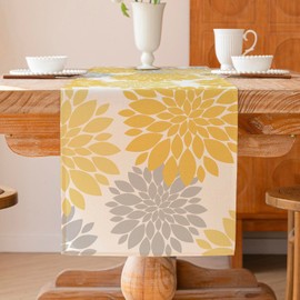 Table Runner Yellow Dahlia Spring Table Decoration Modern Washable Flower Table Decoration Seasonal Kitchen Tablecloth Indoor Holiday and Party Decoration 40 x 140 cm