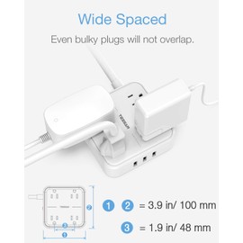 Flat Plug Power Strip with 3 USB Ports, TESSAN 4 Outlet Extension Cord Wall Mount Charging Station 5 ft Cord, Small Size for Indoor, Dorm Essentials, Office, Cruise Ship, Travel, White