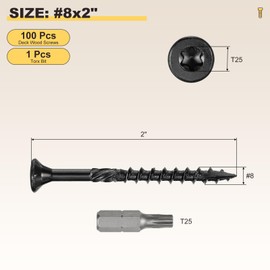 METALLIXITY Deck Screws (#8x2) 100Pcs, Carbon Steel Wood Screw Decking Screws with T25 Torx Drive Head - for Wood Fence, Table, Chairs, Black