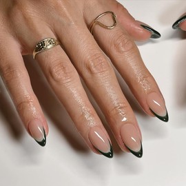 Dark Green French Tip Press on Nails Short Almond Nails Press ons, Glue on Nails for Women Acrylic french nails Short Gel Nails Natural Thick Extra Short French Fake Nails 30Pcs 15 Sizes
