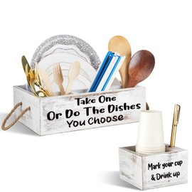 Suzile Cutlery Kitchen Utensil Holder Kit, 1 Kitchen Countertop Plate Holder and 1 Large Cup Holder, Wooden Utensil Caddy Organizer for Plate Cup Fork Knives Spoon Straws Napkins Marker and Condiment