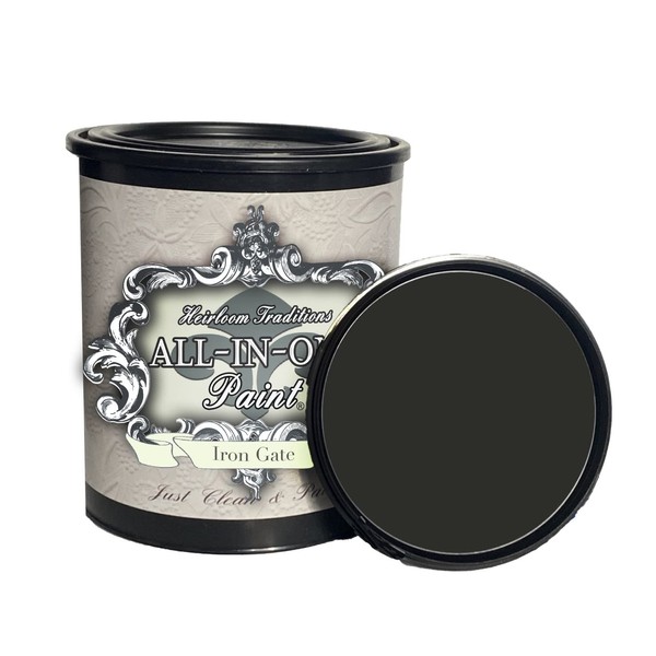 ALL-IN-ONE Paint, Iron Gate (Black), 32 Fl Oz Quart. Durable cabinet and furniture paint. Built in primer and top coat, no sanding needed.