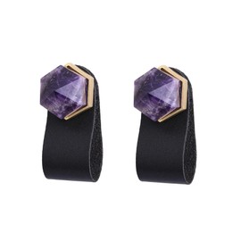Rockcloud Set of 2 Hexagonal Amethyst Crystal Cabinet Knobs Cupboard Pulls Furniture Hardware with Black Leather Handles