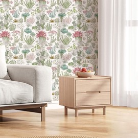 PODUFF Desert Cactus Wallpaper – Vintage Botanical Peel and Stick Wallpaper, Self-Adhesive Vinyl for Nature-Inspired or Boho Decor, 17.7in x 118in