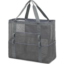 Fammart Mesh Beach Bag, Large Beach Tote with Zipper Pocket for Family Pool Bag for Toys & Vacation Essentials