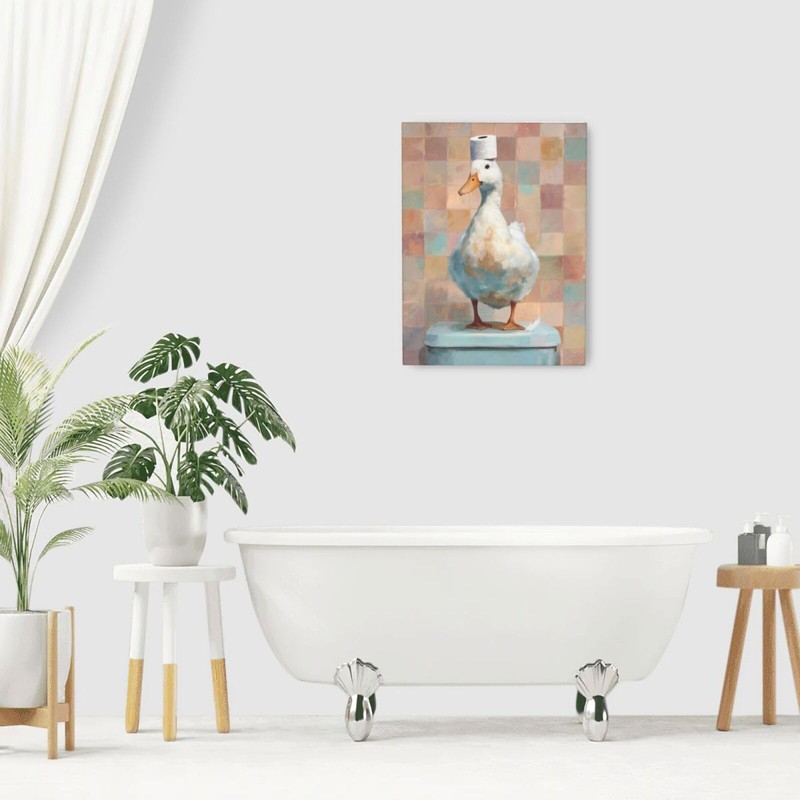 Funny Duck Bathroom Wall Art Cute Duck on Toilet Canvas