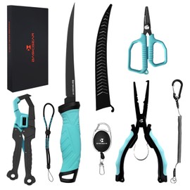 BasicGear Fishing Tool Kit, Pliers, Gripper, Scissors, Knife, Blue