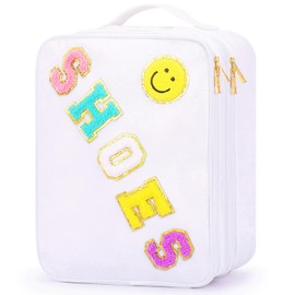 BAGWORLD Cute Shoe Bag Water Resistant Shoe Pouch Holds 3 Pair of Shoes Organizer Travel Essentials with Chenille Letter Patches, White, Travel Shoe Bag