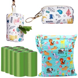 Baby Disposable Diaper Bags Diaper Sacks (120 Count 9x13 inch) THICK & NO LEAK and Diaper Sacks Dispenser and Waterproof & Washable Diaper Wet Dry Bag (12x14 inch) with 2 Zippered Pockets