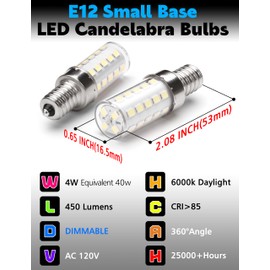 E12 Dimmable LED Light Bulb Equivalent 25w-40W, AC120V 4W 450lm E12 LED Candelabra Bulbs with T6 C7 Small Base, Daylight White 6000K E12 Led Bulb for Ceiling Fan Chandelier Pendant Salt Lamp 8 Pack