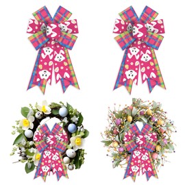 Glodecart 2PCS Easter Bow for Wreath, Pink Easter Egg Bunny Wreath Bow for Front Door Indoor Outdoor Wall Spring Easter Tree Topper Decoration Party Supplies Hanging Ornament Spring Easter Themed Bow