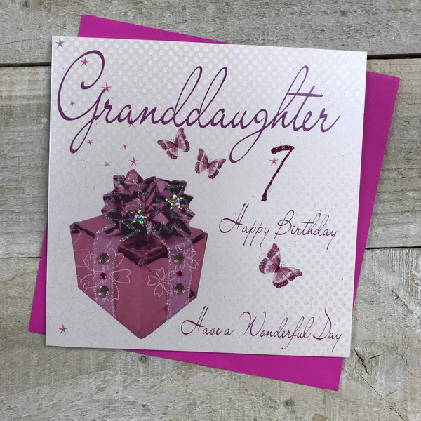 WHITE COTTON CARDS Pink Present, Granddaughter 7 Happy Handmade 7th Birthday Card, WB86-7