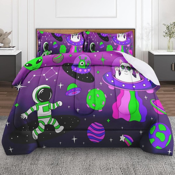 Nesphy Alien Space Cat Twin Comforter Set, Moon Neon Bedding