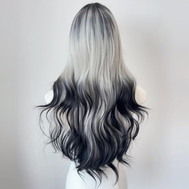 TTYAO REII Gray Black Gradient Wig Women Long Wavy Wig with Bangs Heat Resistant Synthetic Fiber Wig for Fancy Party