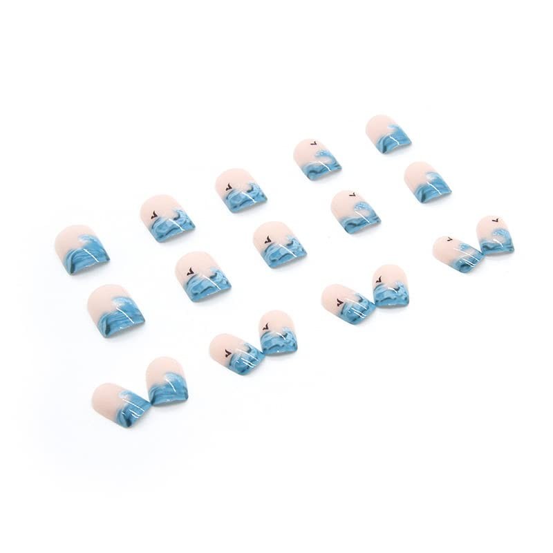 Pikabows Press On Nails Short Square Blue Wave Fake Nails