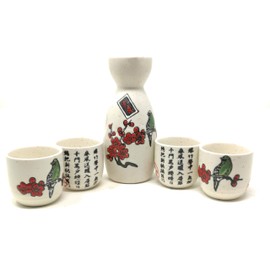 TJ Global 5-Piece Sake Set, Durable Ceramic Japanese Sake Set with 1 Carafe/Decanter/Tokkuri Bottle and 4 Ochoko cups for Sake at Home or Restaurant - Cherry Blossom with Bird and Calligraphy