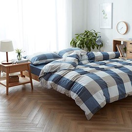 DONEUS Washed Cotton Duvet Cover King(104x90 inches), 3 Piece Ultra Soft Blue Tan Bedding Sets(1 Duvet Cover + 1 Pillow Sham), Super Soft Duvet Cover Set and Simple Plaid Pattern Design