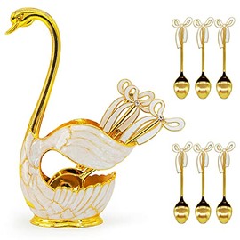 Flylin Juego de cucharas para café y postres, soporte con base de cisne con 6 cucharas para helado, cucharaditas para café, postres, azúcar, vajilla (dorado), (20210101-01)