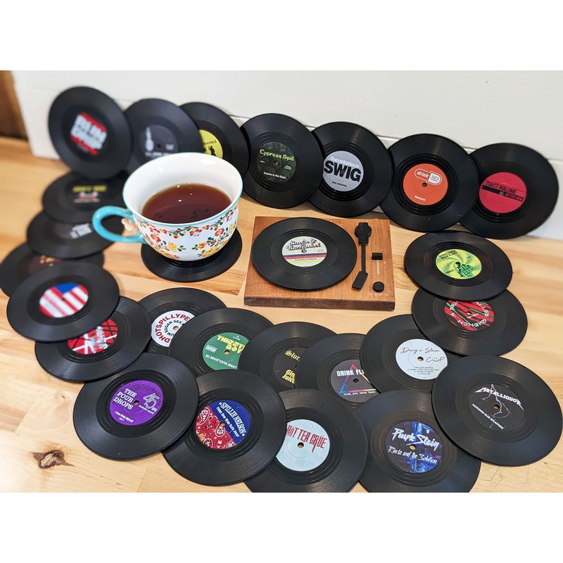 Retro Vinyl Record Funny Pun Title Coaster Set with wood